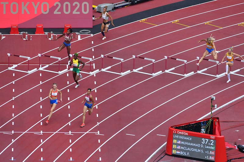 USA's Sydney Mclaughlin runs the final bend of the women's 400m hurdles final.