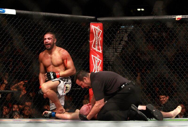 Thales Leites shown reacting after he beats Tim Boetsch by submission in the second round of their middleweight fight at UFC 183 on Saturday in Las Vegas. Steve Marcus / Getty Images / AFP
