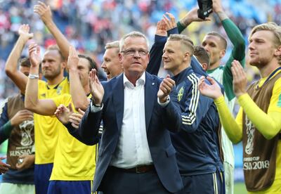 epa06861413 Sweden's coach Janne Andersson (C) celebrates after the FIFA World Cup 2018 round of 16 soccer match between Sweden and Switzerland in St.Petersburg, Russia, 03 July 2018. Sweden won the match 1-0.

(RESTRICTIONS APPLY: Editorial Use Only, not used in association with any commercial entity - Images must not be used in any form of alert service or push service of any kind including via mobile alert services, downloads to mobile devices or MMS messaging - Images must appear as still images and must not emulate match action video footage - No alteration is made to, and no text or image is superimposed over, any published image which: (a) intentionally obscures or removes a sponsor identification image; or (b) adds or overlays the commercial identification of any third party which is not officially associated with the FIFA World Cup)  EPA/TOLGA BOZOGLU   EDITORIAL USE ONLY