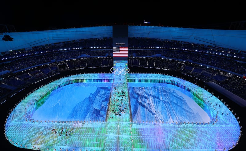 A general view as Team USA walks during the opening ceremony of the Beijing 2022 Winter Olympics. Getty Images