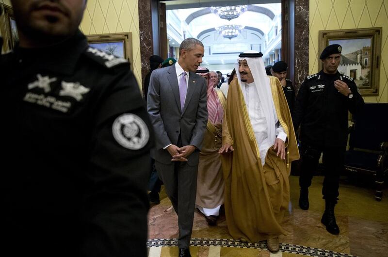 President Barack Obama and Saudi Arabia's King Salman at Erga Palace in Riyadh, Saudi Arabia, on Wednesday, April 20, 2016.  Carolyn Kaster / AP 