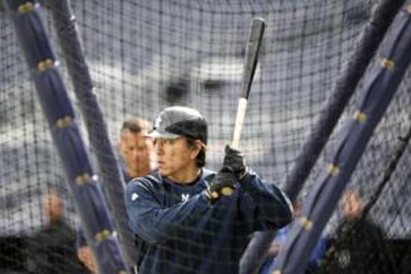 The Yankees' Hideki Matsui at batting practice in preparation for tonight's game with the Angels.