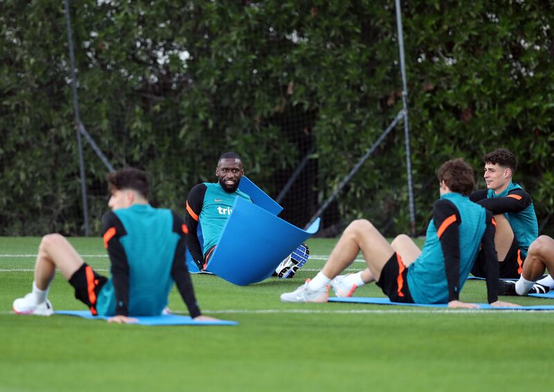Chelsea's Antonio Rudiger stretching during training.