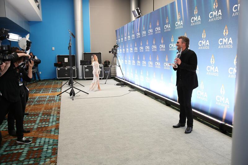 Eric Church and Maren Morris speak to media via Zoom backstage at the 54th annual Country Music Association Awards in Nashville, Tennessee. Reuters