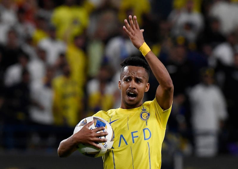 Abdulrahman Ghareeb celebrates after pulling a goal back for Al Nassr in first-half added-time. Reuters