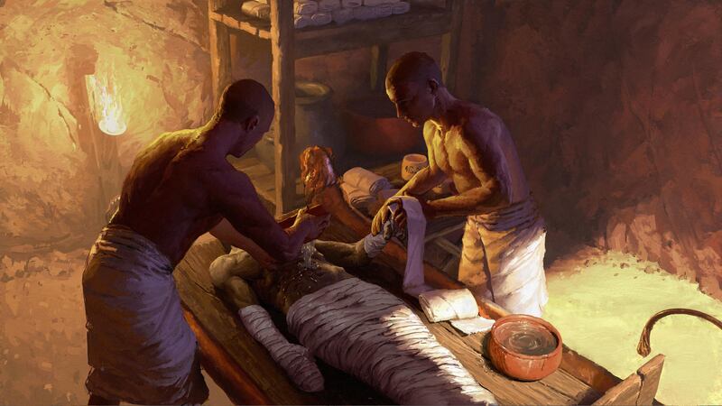 The ancient Egyptian embalming scene in an underground chamber is seen in an undated artist's impression. Reuters