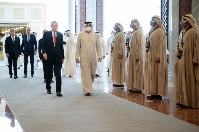 Turkey's President Recep Tayyip Erdogan is met by the President, Sheikh Mohamed, at the Presidential Airport in Abu Dhabi, as he as he arrives to offers condolences on the death of Sheikh Khalifa. All photos: Ministry of Presidential Affairs