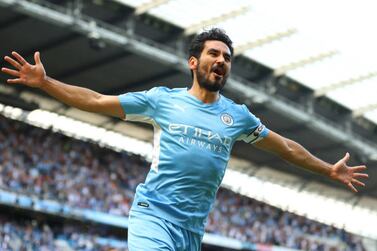MANCHESTER, ENGLAND - AUGUST 28: Ilkay Gundogan of Manchester City celebrates after scoring his team's first goal during the Premier League match between Manchester City and Arsenal at Etihad Stadium on August 28, 2021 in Manchester, England. (Photo by Catherine Ivill / Getty Images)