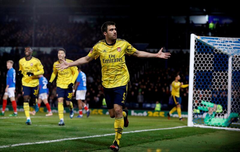 Soccer Football - FA Cup Fifth Round - Portsmouth v Arsenal - Fratton Park, Portsmouth, Britain - March 2, 2020  Arsenal's Sokratis Papastathopoulos celebrates scoring their first goal   REUTERS/Paul Childs     TPX IMAGES OF THE DAY