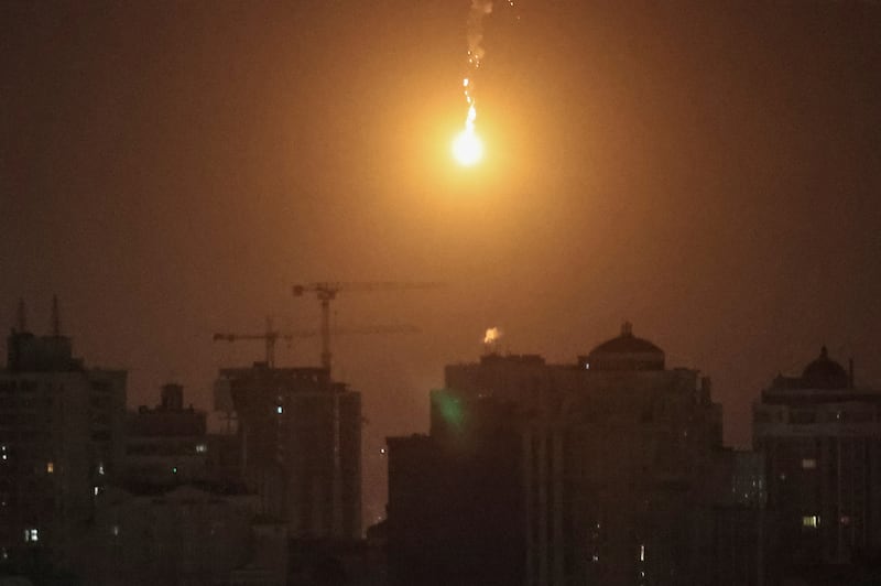 An explosion in the sky over Ukraine's capital, Kyiv, during a Russian drone strike on Saturday. Reuters
