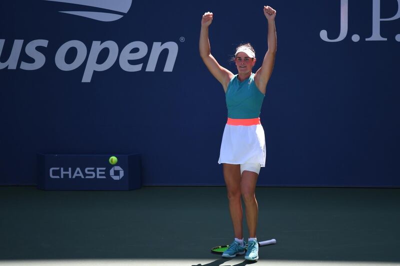 Jennifer Brady celebrates after beating Angelique Kerber to reach the US Open quarter-finals. Reuters