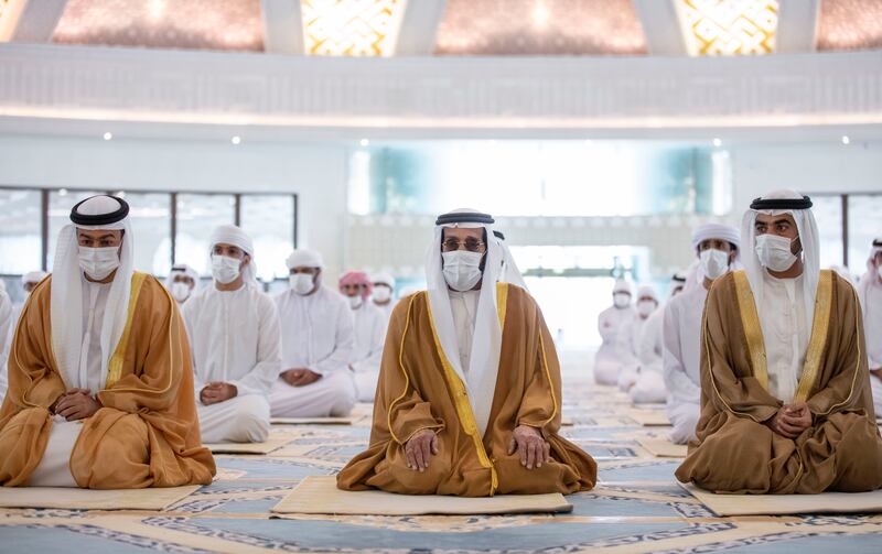 Sheikh Tahnoon performs Eid Al Adha prayers at the Sheikh Khalifa bin Zayed Mosque in Al Ain, in 2022. Wam