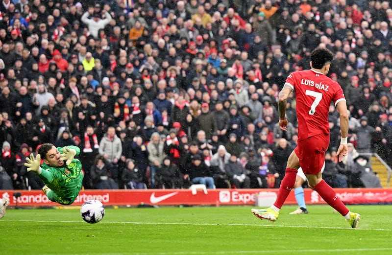 Luis Diaz of Liverpool scores a goal past Ederson of Manchester City that was later ruled out by VAR for offside. Getty Images
