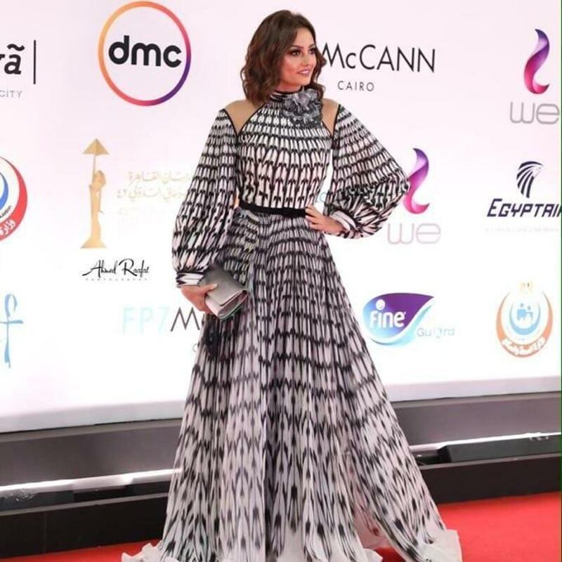 Egyptian actress and singer Bushra Rozza rocked a monochrome dress with a full, pleated skirt by Fouad Sarkis Couture. Instagram