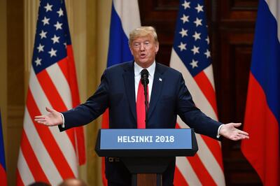 (FILES) In this file photo taken on July 16, 2018 US President Donald Trump speaks during a joint press conference with Russia's President after a meeting at the Presidential Palace in Helsinki. Finnish social media users reacted with derision on June 18, 2020 to the claim that US President Donald Trump questioned whether their country was still a part of neighbouring Russia ahead of his 2018 visit to Helsinki for talks with President Vladimir Putin.  / AFP / Yuri KADOBNOV
