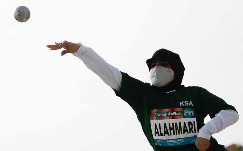 Amal Alahmari of Saudi Arabia in action during the Women's Shot Put F37 at the World Para Athletics Championships in Dubai. EPA