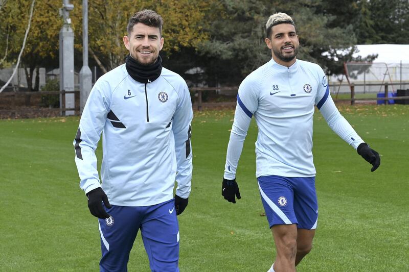COBHAM, ENGLAND - OCTOBER 30: Jorginho and Emerson of Chelsea during a training session at Chelsea Training Ground on October 30, 2020 in Cobham, United Kingdom. (Photo by Darren Walsh/Chelsea FC via Getty Images)