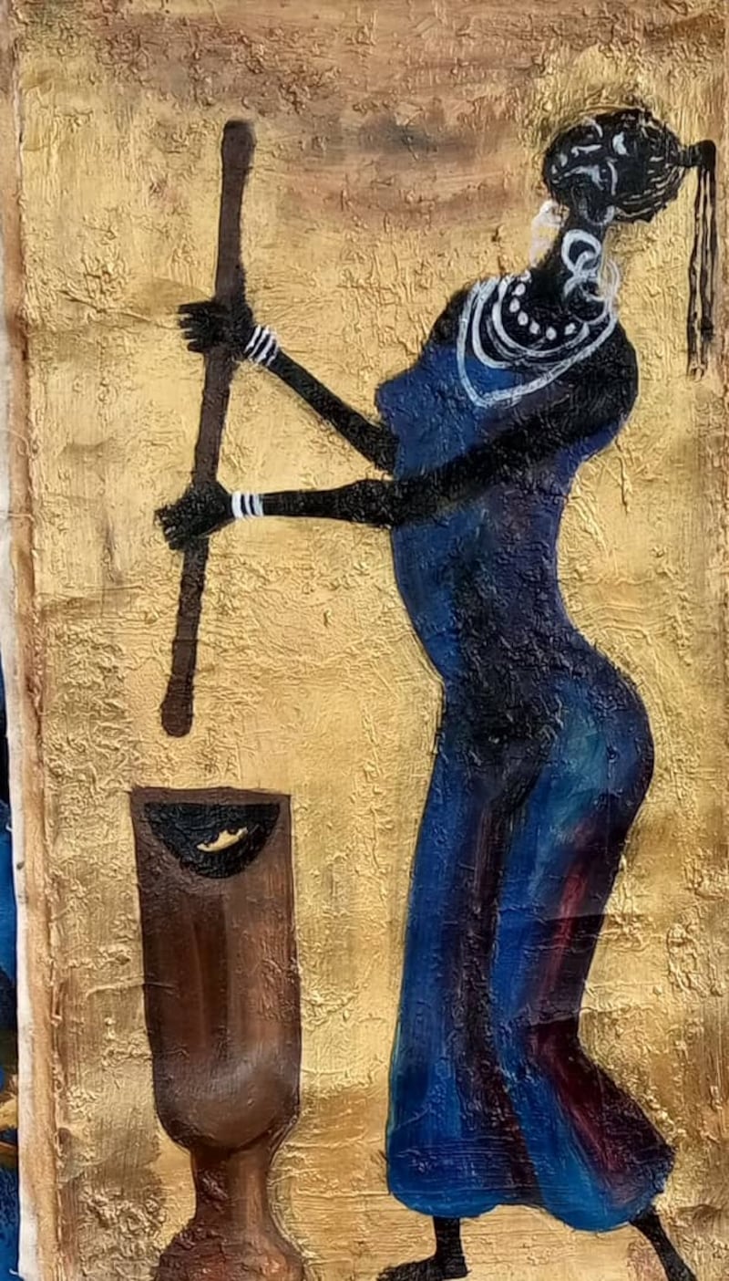 Grain Pounding at the Mortar (1995) by Samuel Kakaire. Photo: Afriart Gallery