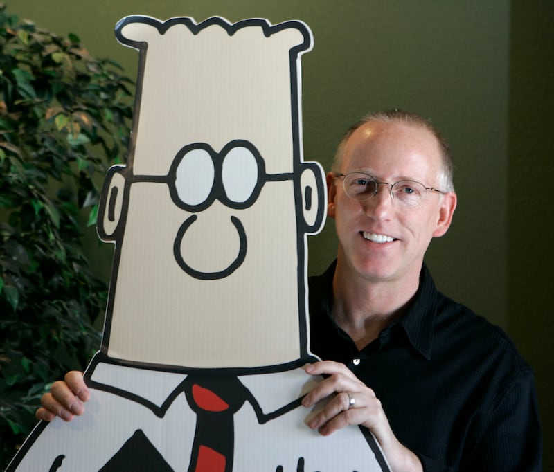 Scott Adams with Dilbert in his California studio in 2006. AP