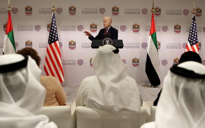 Mr Biden speaks during a conference with young Emirati entrepreneurs in Dubai in 2016. Kamran Jebreili / AP Photo