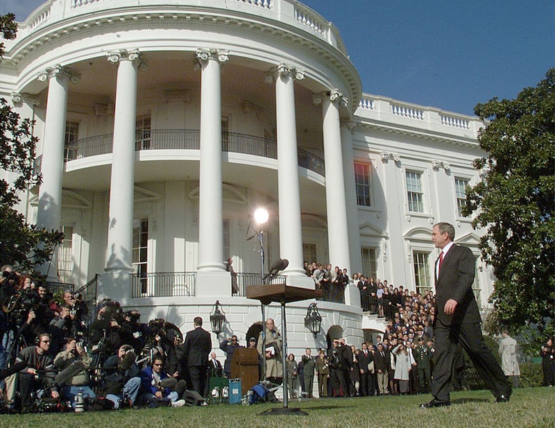 US president George W Bush prepares to make a statement on the South Lawn of the White House on March 8, 2001. Getty Images