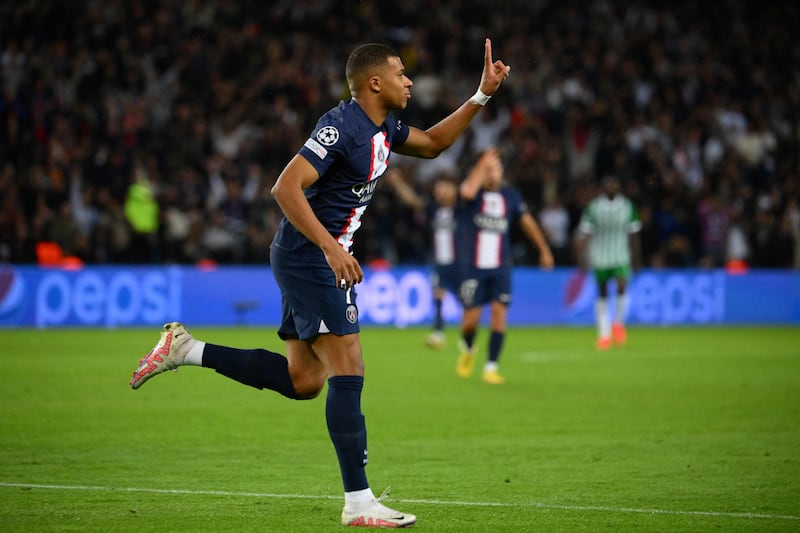 Kylian Mbappe celebrates after scoring PSG's fifth goal. AFP