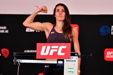 Marina Rodriguez of Brazil poses on the scale during the UFC Fight Night weigh-in on UFC Fight Island. Getty Images