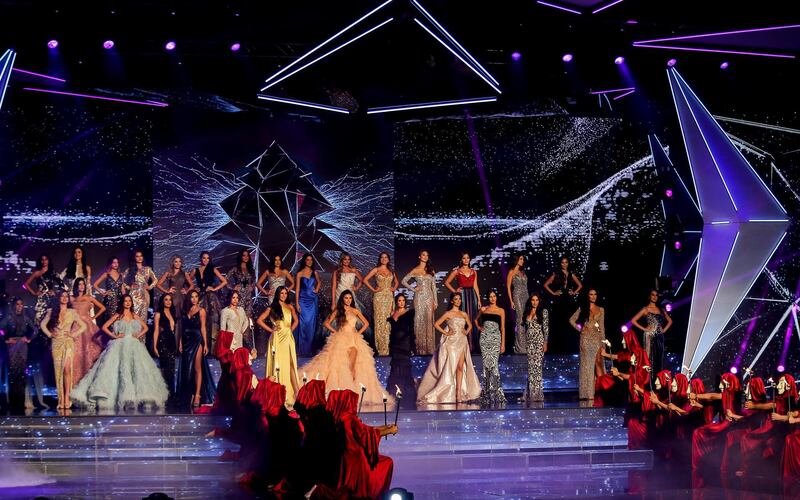 Contestants pose in their Nicolas Jebran gowns.