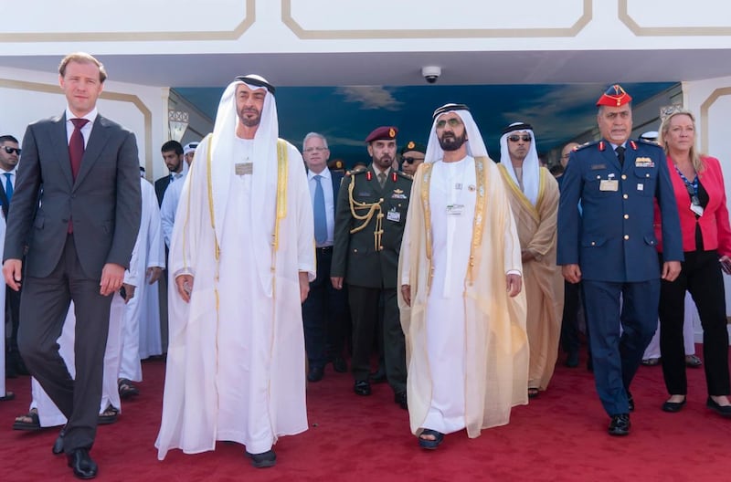 Sheikh Mohammed bin Rashid, right, and Sheikh Mohamed bin Zayed attend the opening day of the Dubai Airshow 2019. Courtesy: Mohamed bin Zayed / Twitter