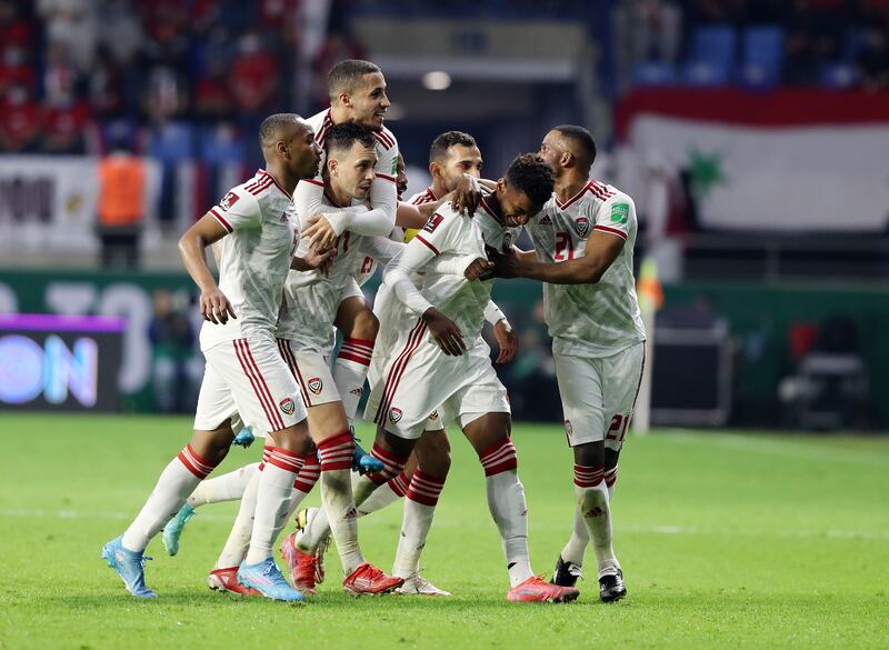 Yahya Al Ghassani celebrates scoring UAE's second goal. Chris Whiteoak / The National