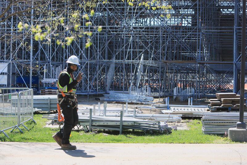 Construction is still going on at the Nassau County International Cricket Stadium in East Meadow, New York, which will host matches of the ICC T20 World Cup in June. AFP