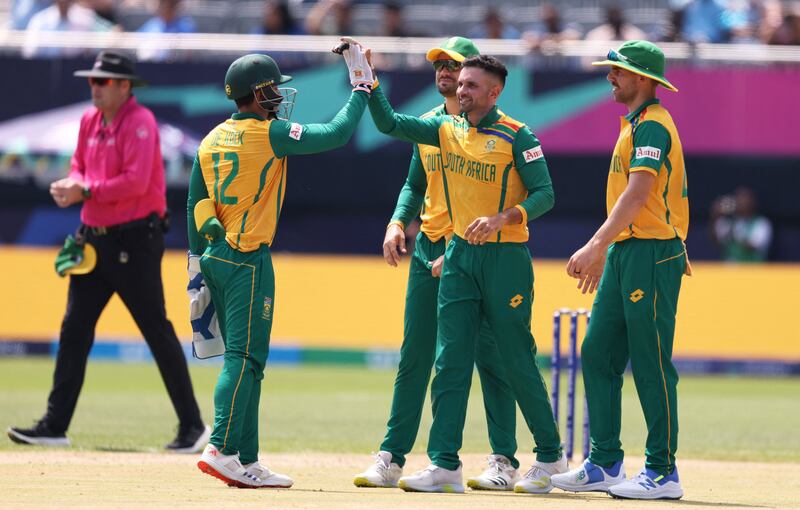 South Africa Keshav Maharaj of celebrates after claiming the wicket of Sadeera Samarawickrama of Sri Lanka for a duck. AFP