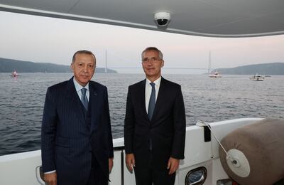 Nato Secretary General Jens Stoltenberg, right, with Turkish President Recep Tayyip Erdogan, in Istanbul. Reuters 
