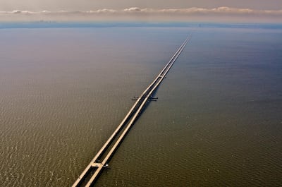 The Lake Pontchartrain Causeway is one of the longest non-suspension bridges in the world. View is south toward Metairie, Jefferson Parish, Louisiana, USA. Getty Images