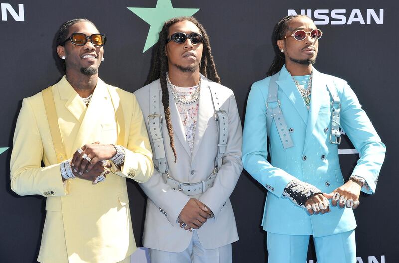 Offset , Takeoff Quavo arrive at the BET Awards on June 23, 2019, in Los Angeles. AP