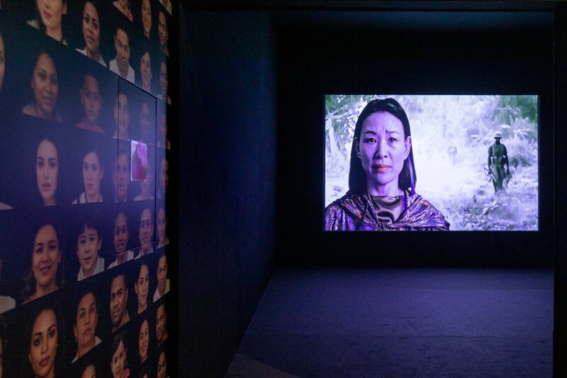 A video and collage by Lynn Hershman Leeson, who connects digital culture to new modes of identity. Cyborgs and digital art are a major sub-theme of the Venice Art Biennale. Photo: Roberto Marossi