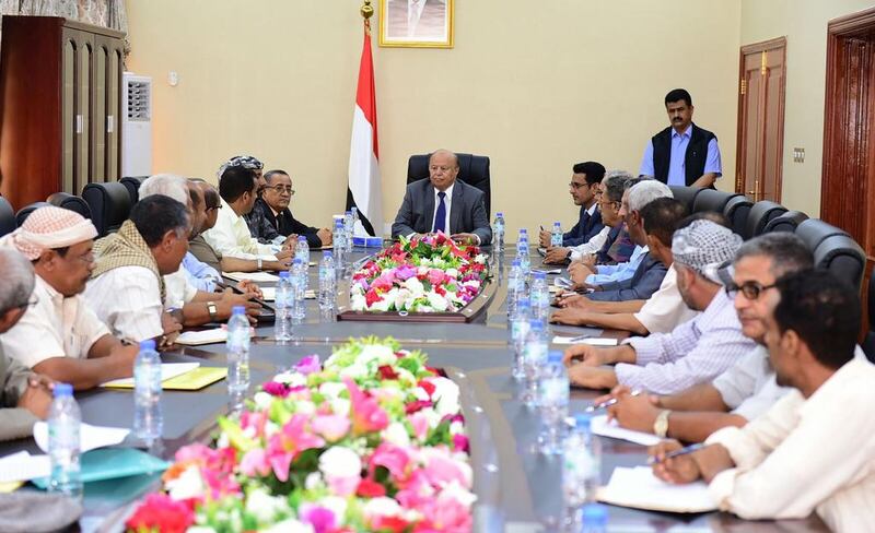 The coalition is fighting Iran-backed rebels in Yemen to restore the internationally recognised government of Abdrabu Mansur Hadi to power. Mr Hadi is pictured here on January 21, 2016, heading a meeting of government and security officials. Wam



