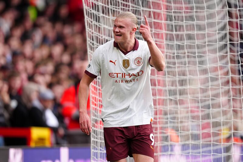 Manchester City's Erling Haaland celebrates after scoring their second goal in the 2-0 Premier League win against Nottingham Forest at the City Ground on Sunday, April 28, 2024. PA 