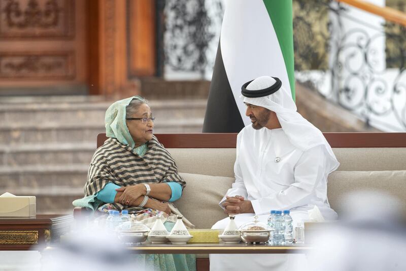 ABU DHABI, UNITED ARAB EMIRATES - February 18, 2019: HH Sheikh Mohamed bin Zayed Al Nahyan, Crown Prince of Abu Dhabi and Deputy Supreme Commander of the UAE Armed Forces (R) meets with HE Sheikha Hasina, Prime Minister of Bangladesh (L), during a Sea Palace barza.

( Ryan Carter / Ministry of Presidential Affairs )
---