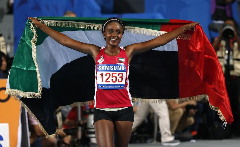 UAE's Alia Saeed celebrates after winning the women's 10,000m final during the Asian Games in 2014. Jason Reed / Reuters