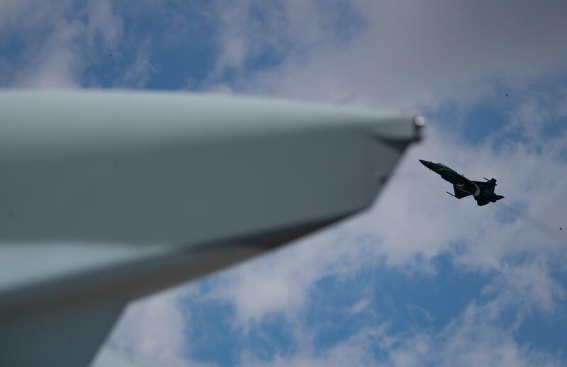 A PAC Kamra JF-17 Thunder fighter jet, the product of a joint venture between Pakistan's  Aeronautical Complex and China's Kamra and Chengdu Aircraft Industry Corporation, performs a demonstration flight. EPA