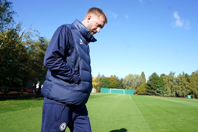 Chelsea manager Graham Potter arrives at training. PA