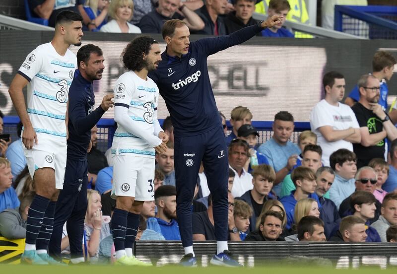 Chelsea's manager Thomas Tuchel gives instructions to Marc Cucurella. EPA