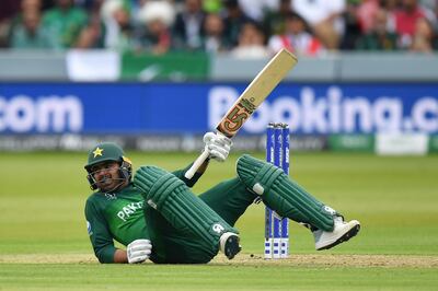 LONDON, ENGLAND - JUNE 23: Haris Sohail of Pakistan is floored after dodging a bouncer during the Group Stage match of the ICC Cricket World Cup 2019 between Pakistan and South Africa at Lords on June 23, 2019 in London, England. (Photo by Mike Hewitt/Getty Images)