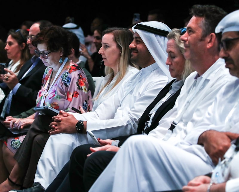 The audience listens to Mohamed Al Mubarak in conversation with Frank Gehry, Architect, Gehry Partners. 