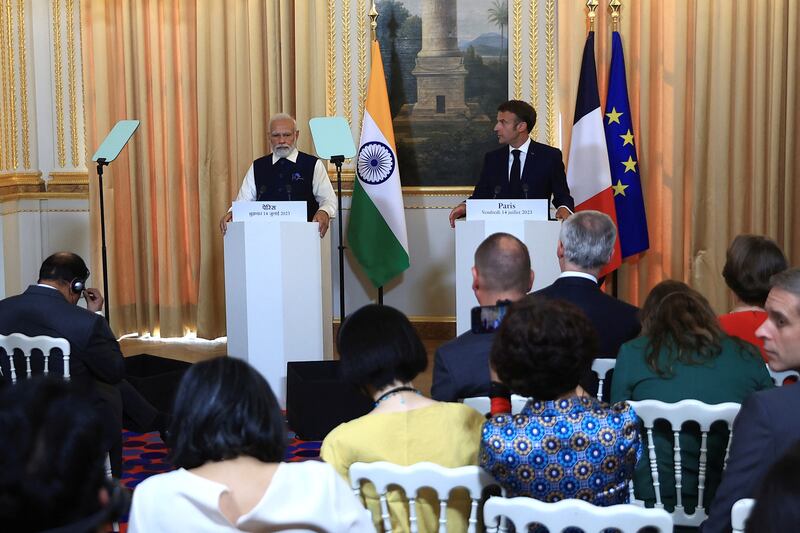Mr Modi and Mr Macron attend a joint press conference in Paris, where India was the guest of honour at this year’s Bastille Day parade. Reuters