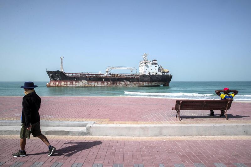 DUBAI, UNITED ARAB EMIRATES. 24 JANUARY 2021. A ship that ran around off the public beach in Umm Al Quwain. (Photo: Antonie Robertson/The National) Journalist: Nick Webster Section: National.