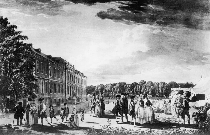 1780:  People camping in the grounds of Montague House on Great Russell Street in London, the home of the British Museum. Meanwhile, London was in the grip of the anti-Roman Catholic Gordon Riots. Original Artist: By P Sandby.  (Photo by Hulton Archive/Getty Images)