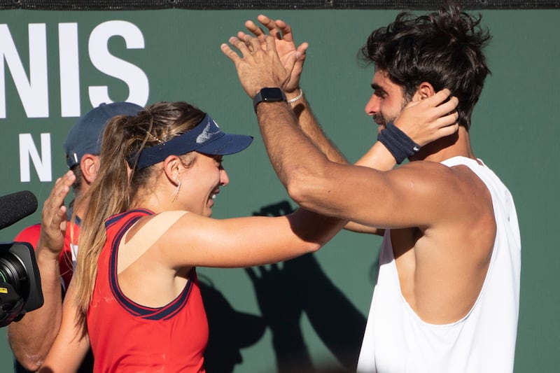 Paula Badosa gets a hug from Joshua Sorrentino after defeating Victoria Azarenka at Indian Wells. AP Photo