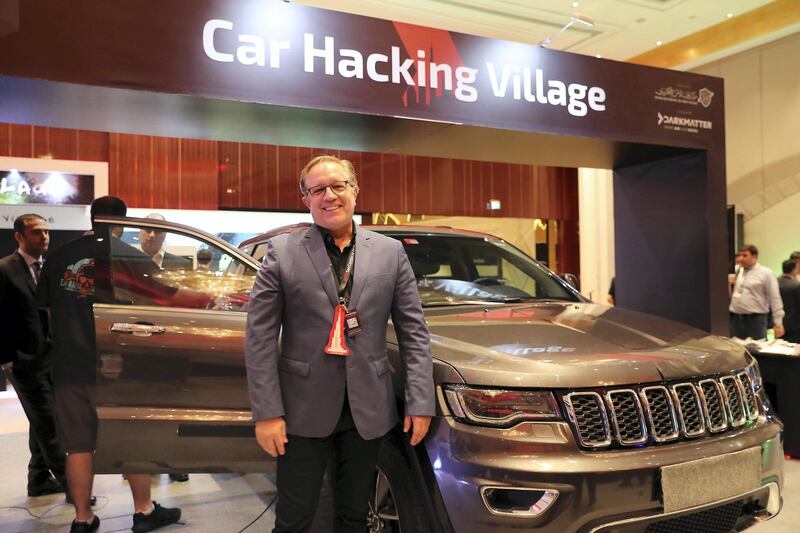 DUBAI , UNITED ARAB EMIRATES , November 27  ��� 2018 :- Eddie Schwartz , DarkMatter Executive Vice President , Cyber Services explaining about how to hack the car during the Hack in the Box Security Conference held at Grand Hyatt hotel in Dubai. ( Pawan Singh / The National ) For News. Story by Nick Webster